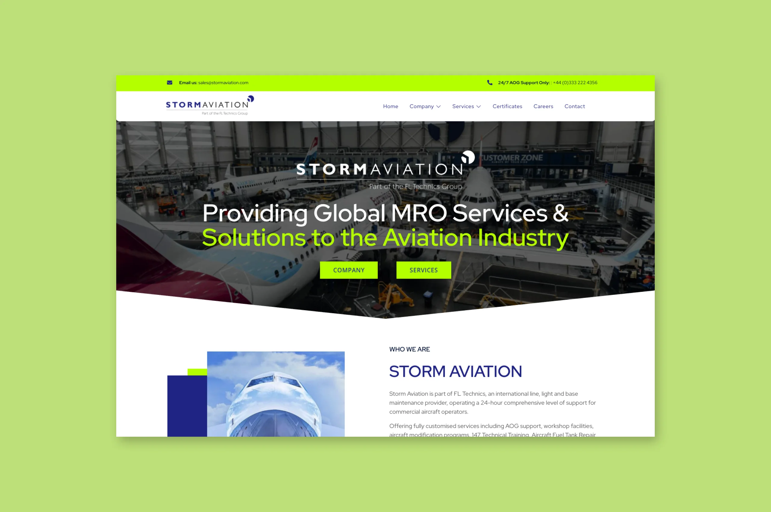 Storm Aviation line maintenance page with a custom map of service locations