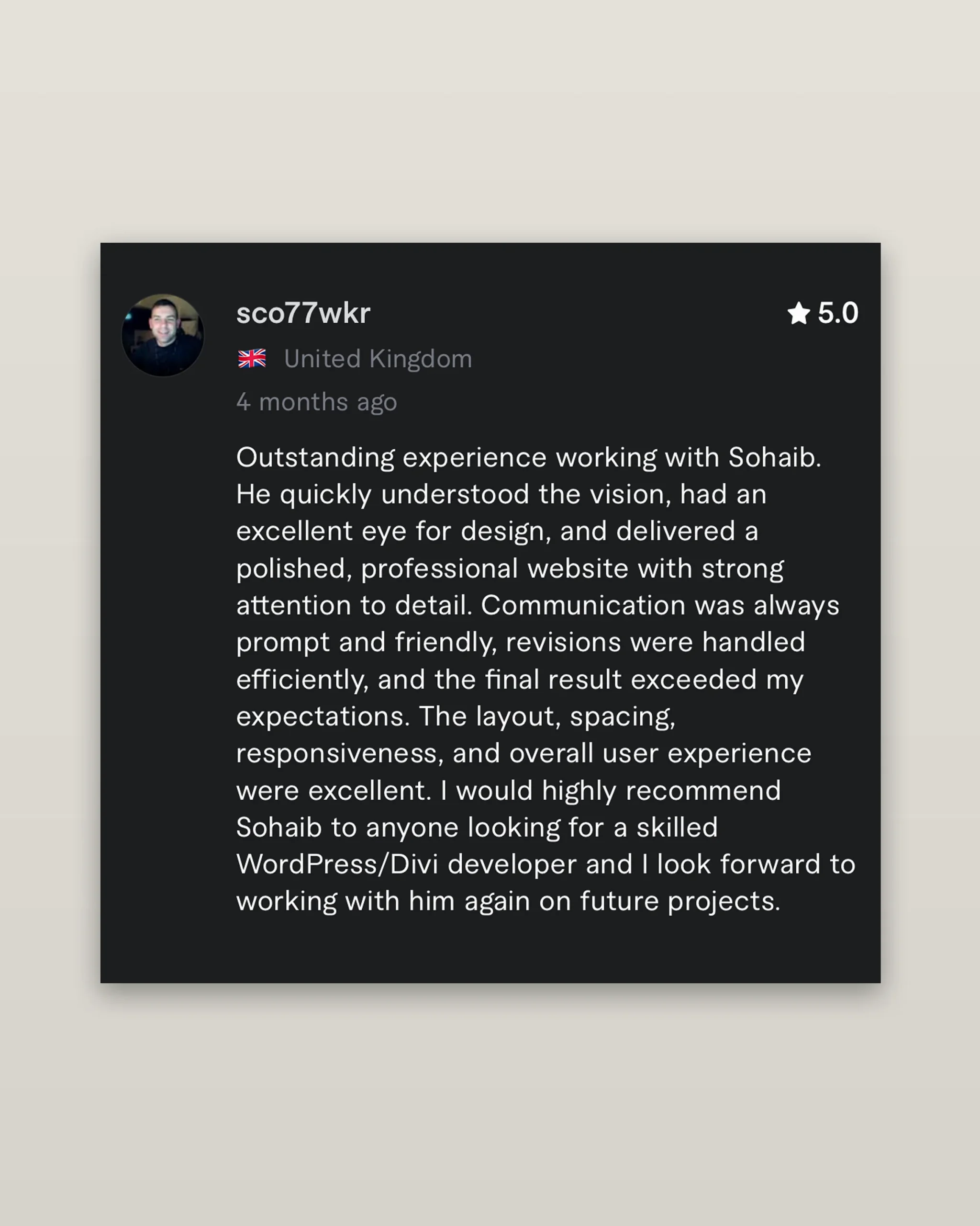 Scott from United Kingdom review for initialwebsite | Sohaib Mumtaz